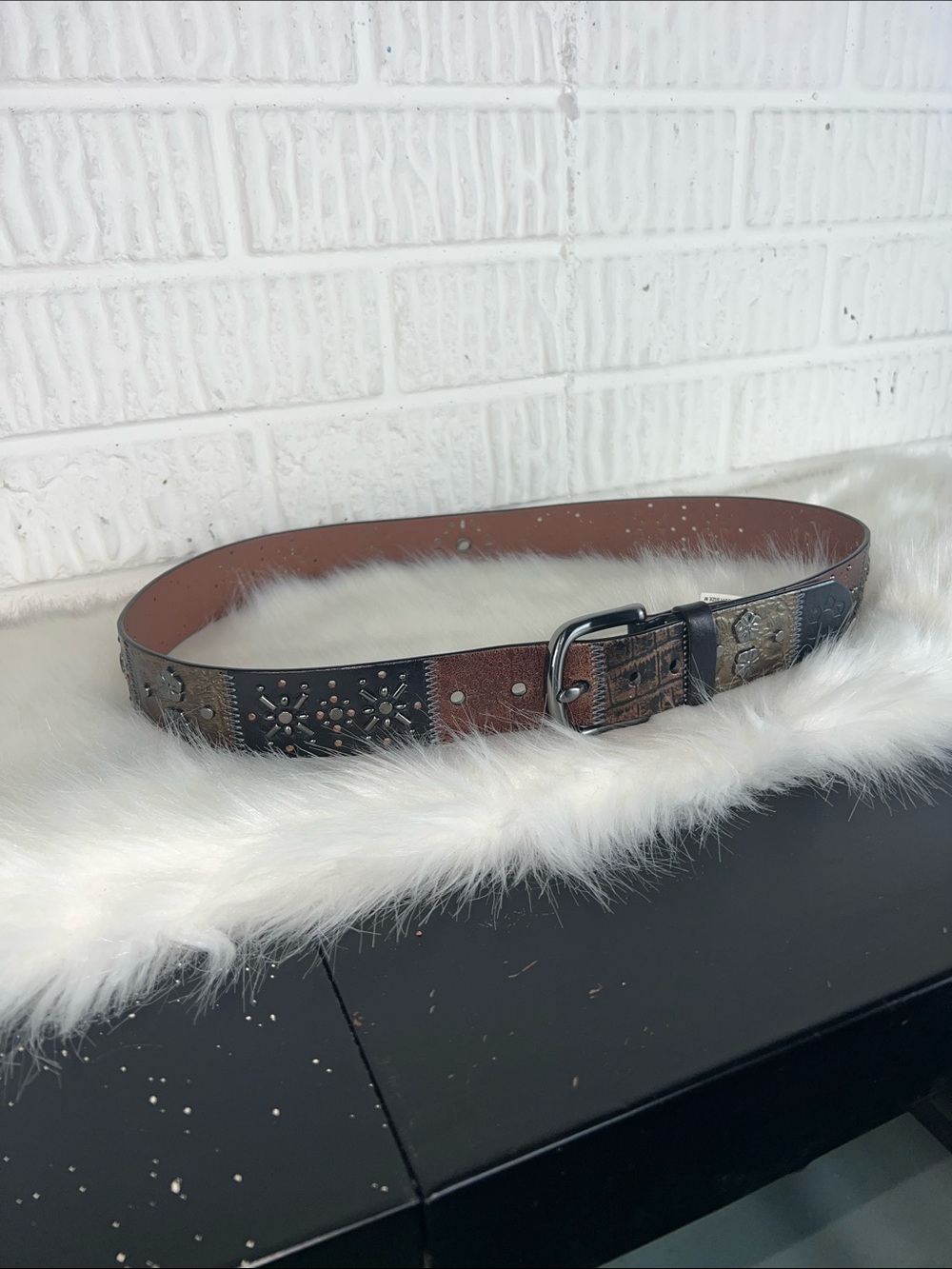 Fossil Vintage Midnight Patchwork Black Multi Belt Y2K Size Medium